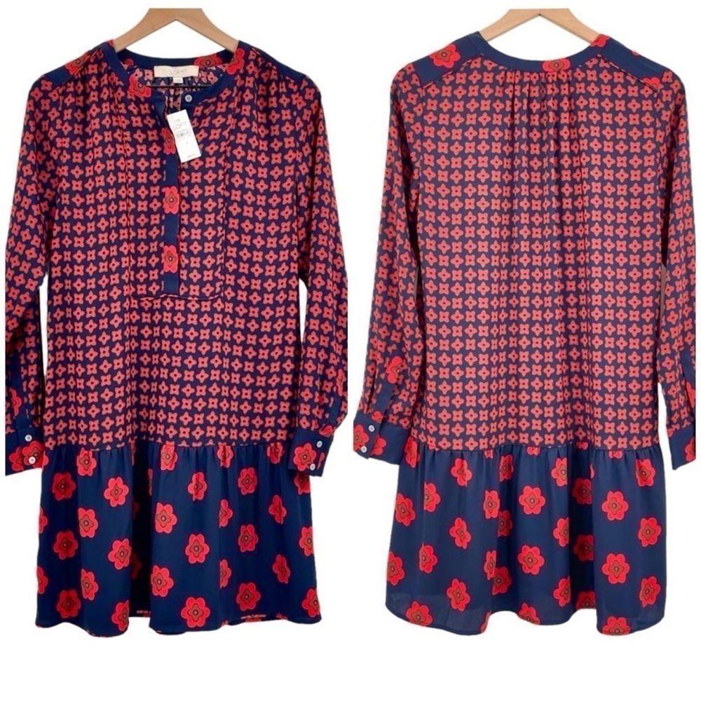 NEW Ann Taylor LOFT Drop Waist Long Sleeve Dress Red Navy Tan Floral | Small